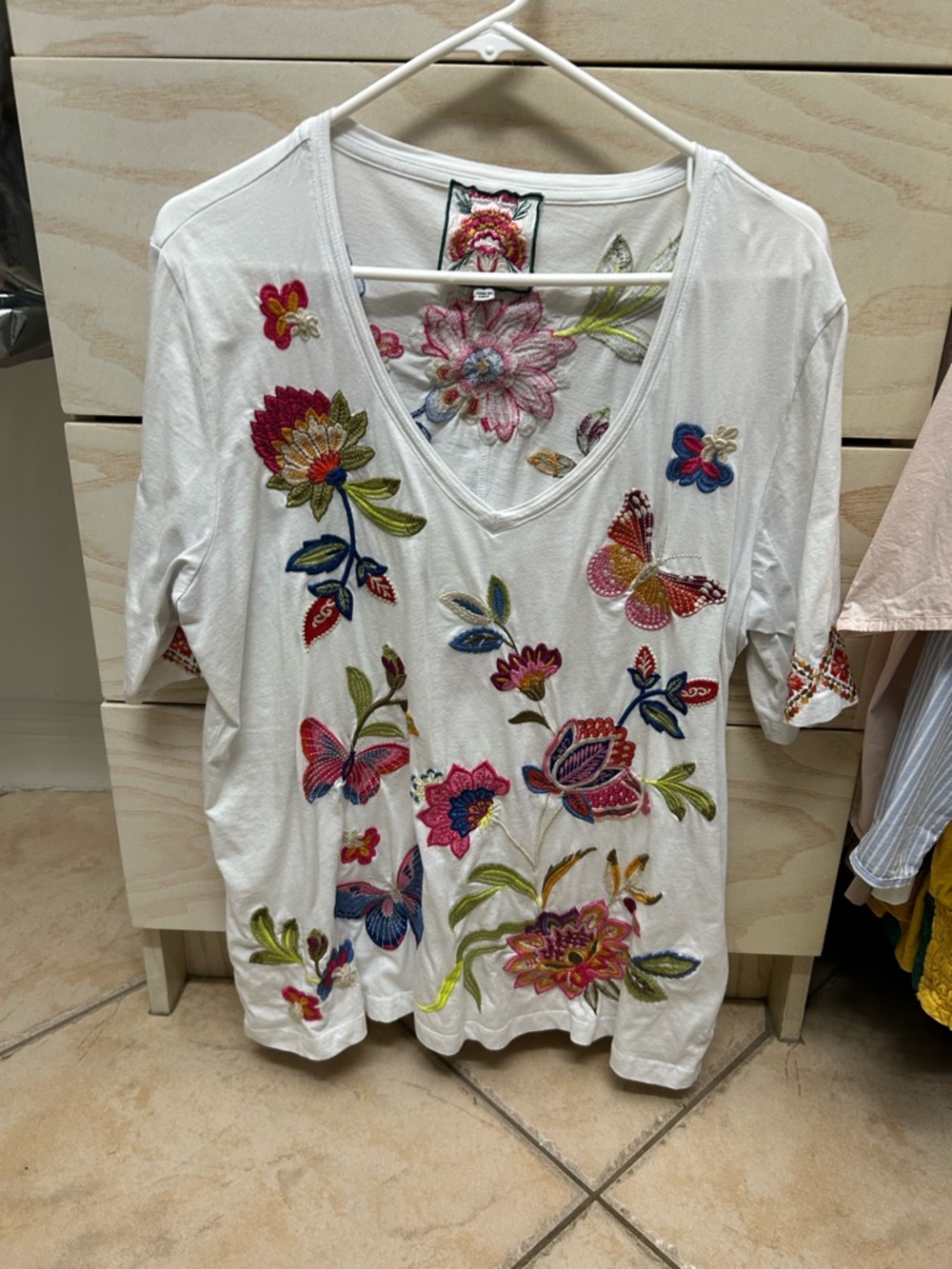 Johnny Was White V-Neck Embroidered Floral & Butterfly Top